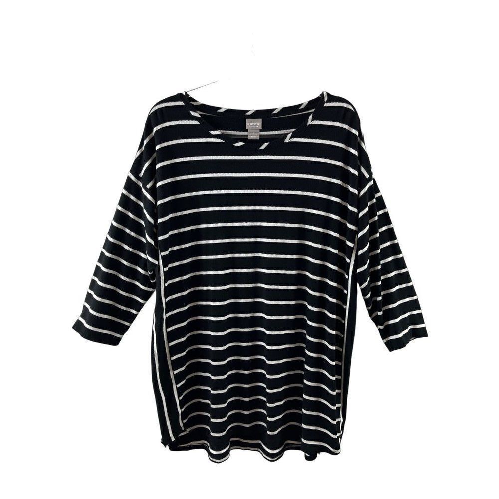 Chico's Zenergy Striped Tunic Size 2 (12/14) Black White Rayon Stretch Casual
